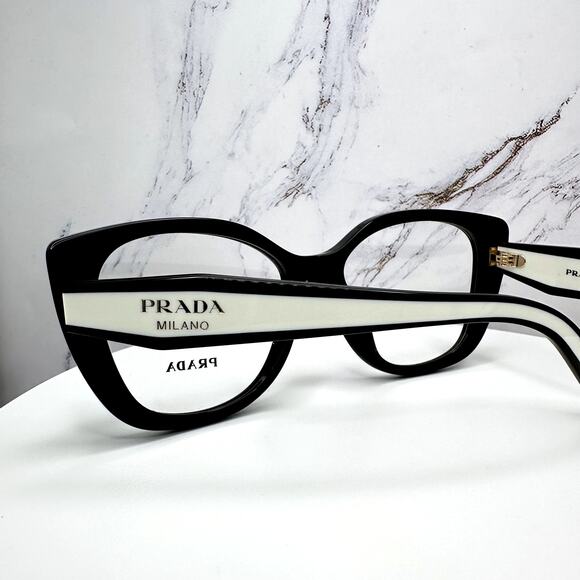 New PRADA Eyeglasses Cat Eye Black White Gold 53-17-140 Womens main image 4